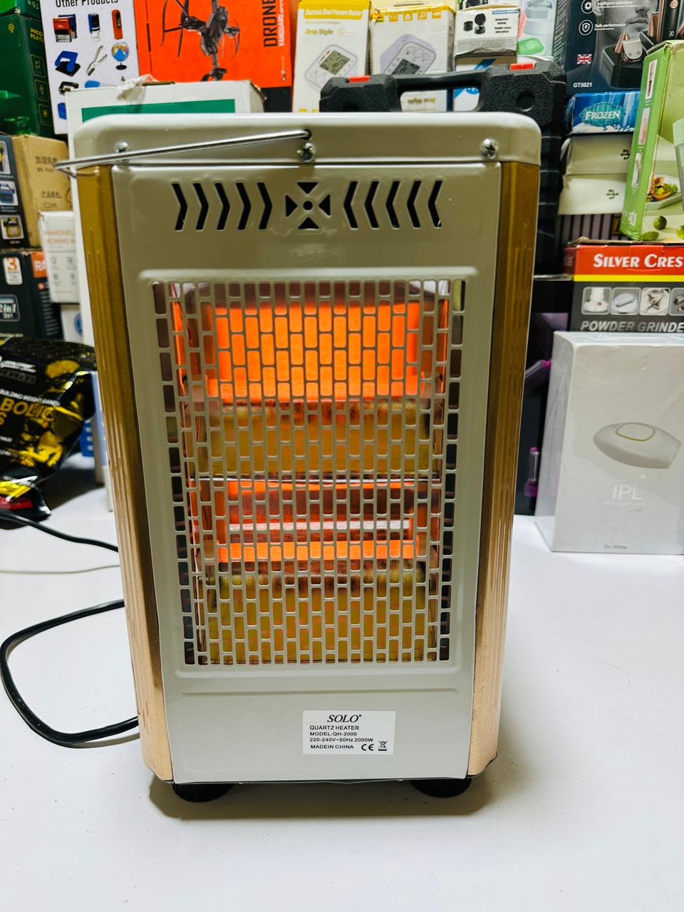 Standing solo Heater with Wheel, 5-Sided Heating, Multifunctional Outdoor Heater with Temperature Adjustment, Electric Heater for Garden Party,White (Gold)
