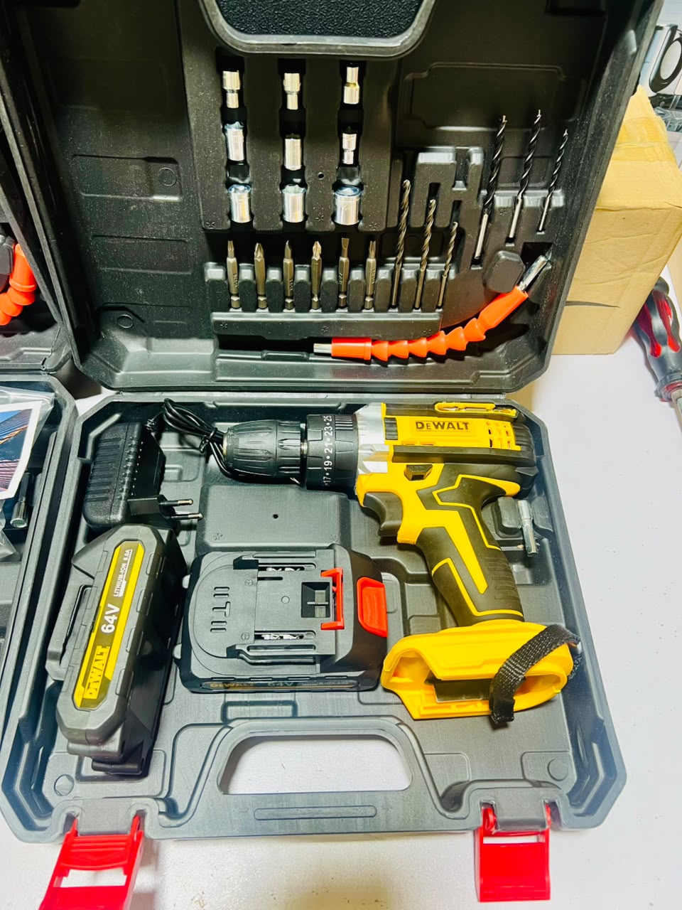 Dewalt 64V Big Batteries Drill Kit Machine | with Drill bits | Screwdriver Heads and Guttis | Dual Battery