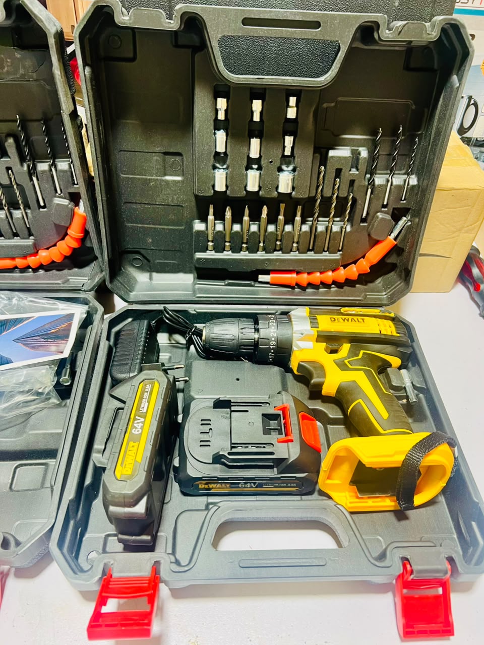 Dewalt 64V Big Batteries Drill Kit Machine | with Drill bits | Screwdriver Heads and Guttis | Dual Battery