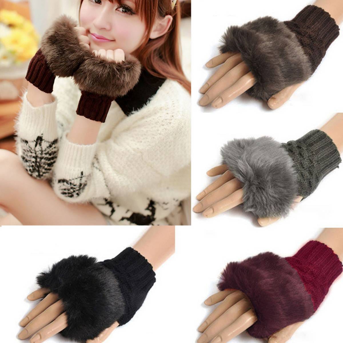 women Gloves stylish Hand Winter warm Half Finger mitten Ladies woolen Gloves